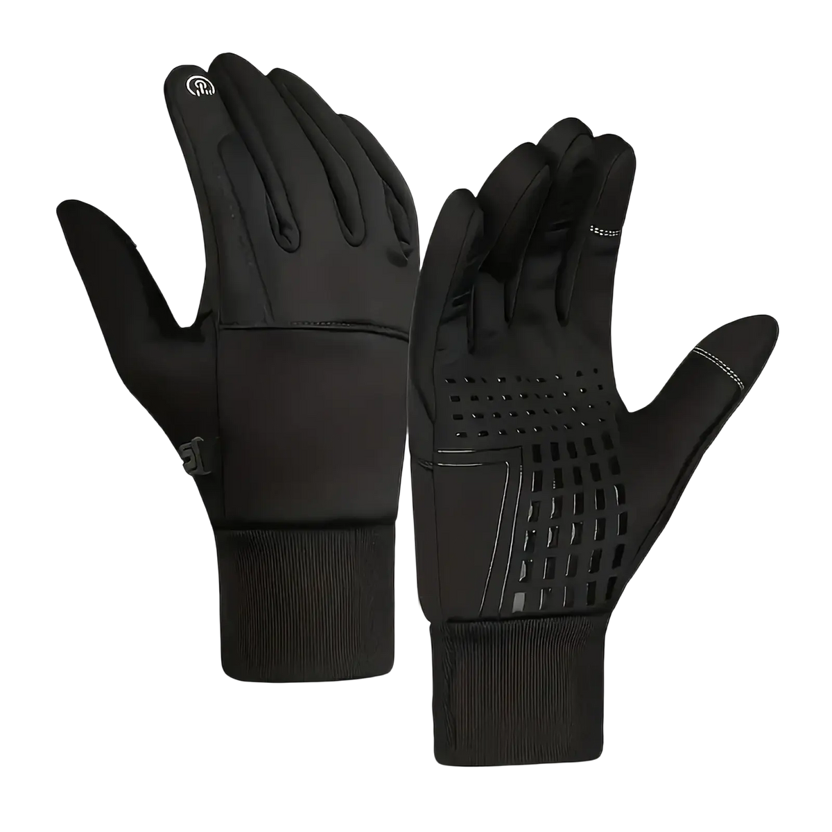 Black thermal touchscreen winter sports gloves with textured palm and perforated grip area for enhanced control