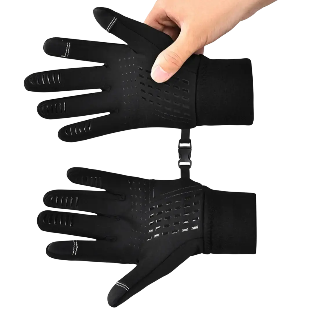 Black thermal touchscreen winter sports gloves with perforated palms and white stitching on fingertips shown from back side