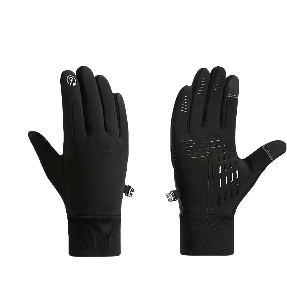 Black thermal touchscreen winter sports gloves with reinforced fingertips and breathable mesh panels on back side