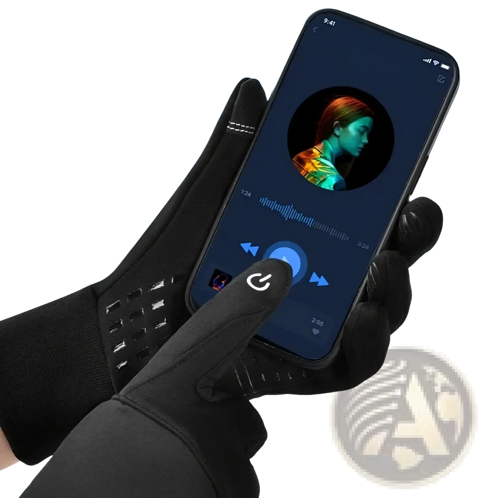 Black thermal touchscreen winter sports gloves with reinforced fingertips and breathable mesh panels shown from the back side