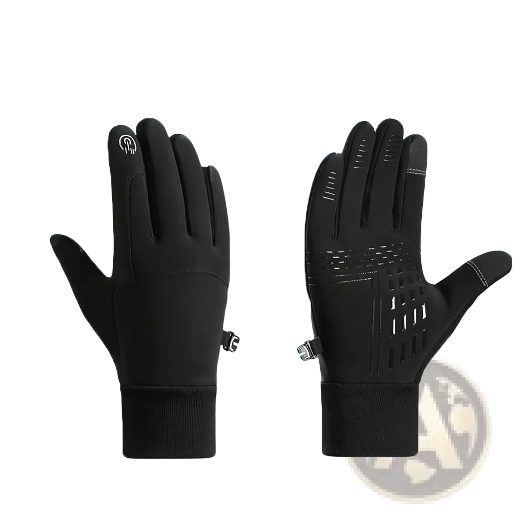 Black thermal touchscreen winter sports gloves with reinforced fingertips and breathable mesh panels on back side