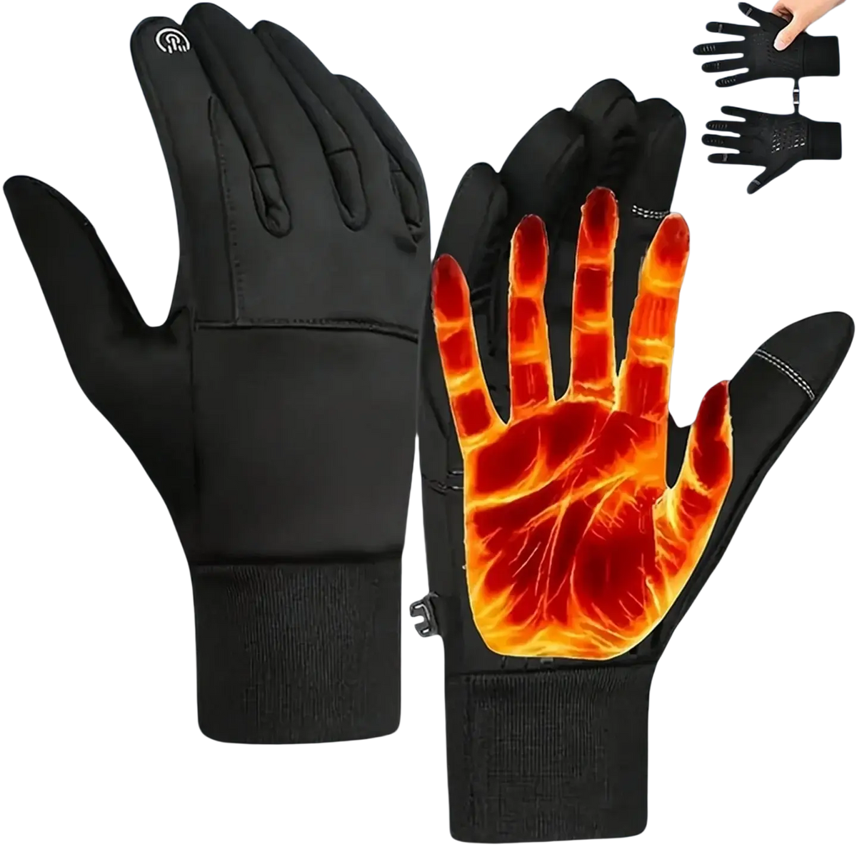 Black heated touchscreen gloves with flame graphic on palm designed for thermal winter sports use