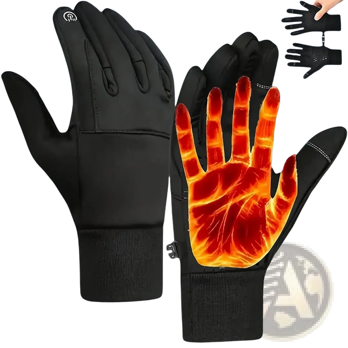 Black heated touchscreen gloves with flame graphic on palm designed for thermal winter sports use