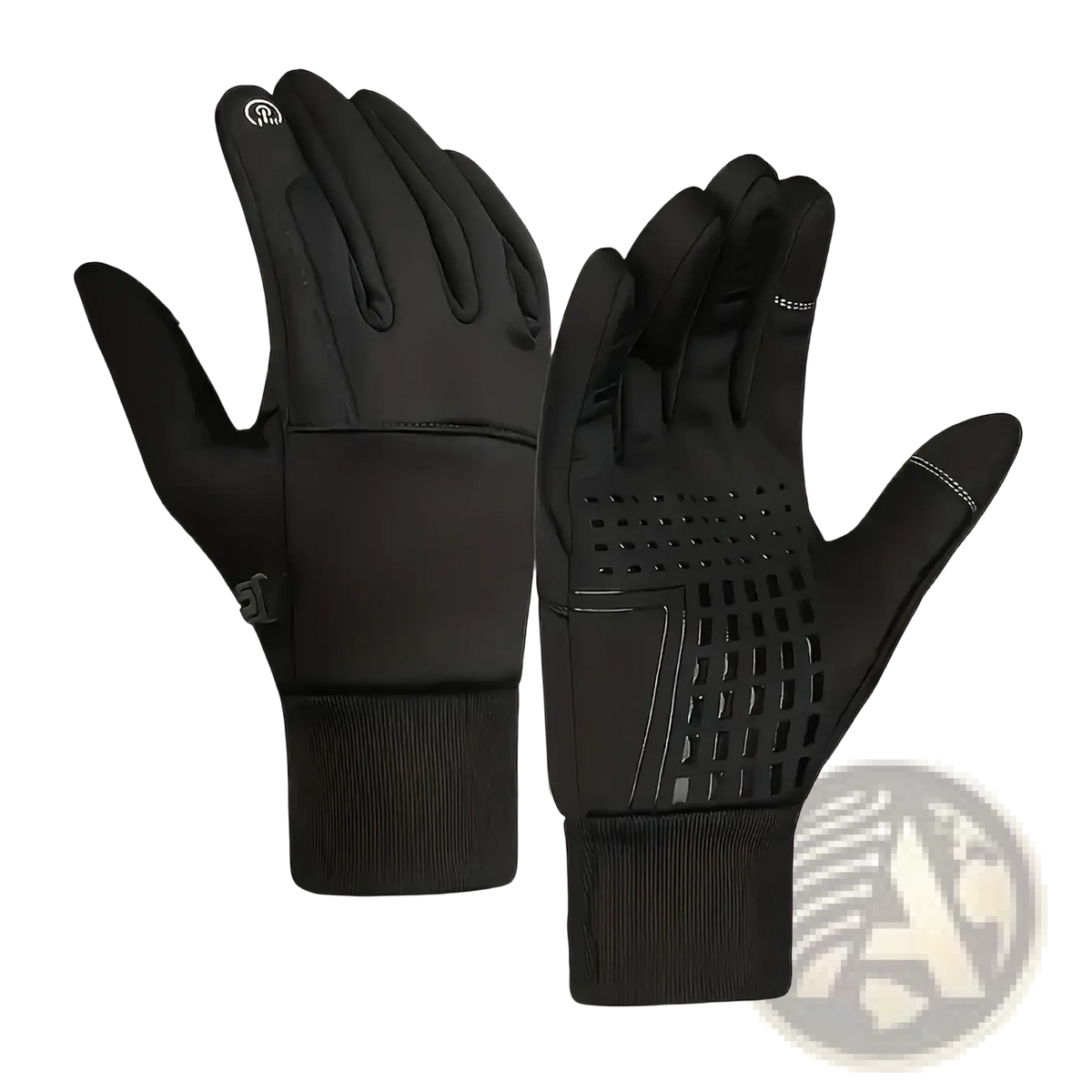 Black thermal touchscreen winter sports gloves with textured palm and perforated grip area for enhanced control