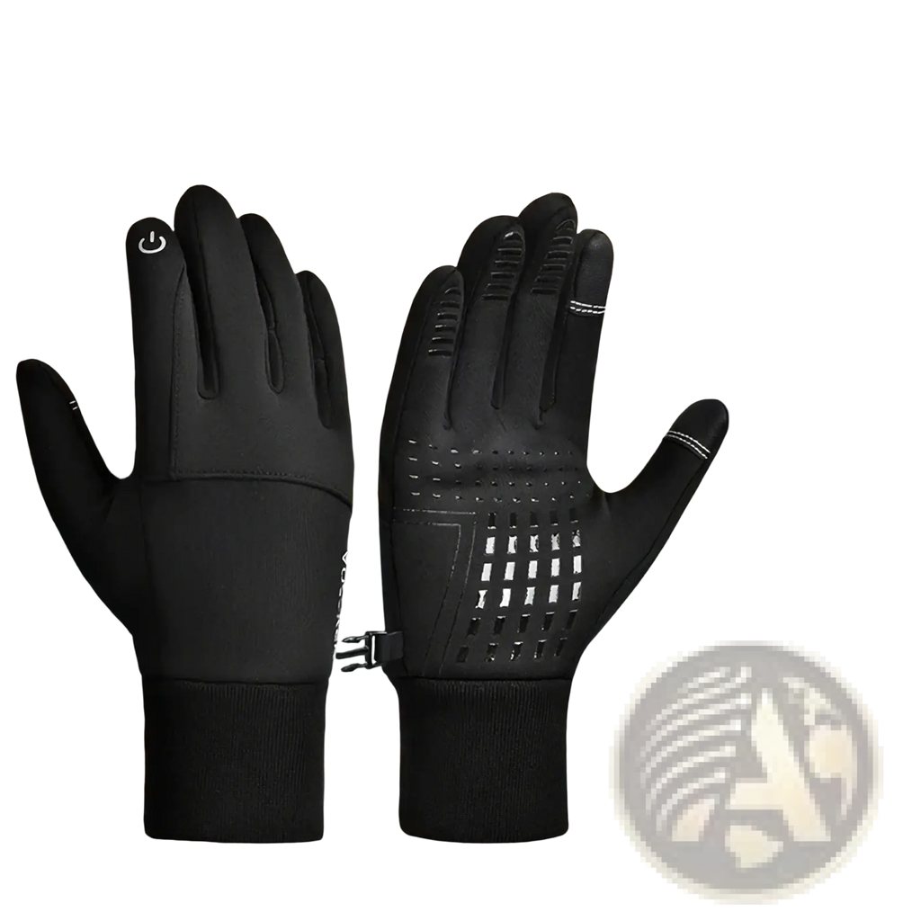 Black thermal touchscreen winter sports cycling gloves with perforated palm and reinforced fingertips shown from the back side