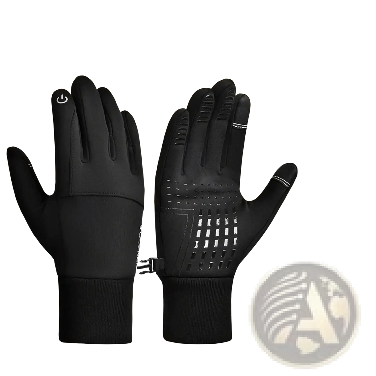 Black thermal touchscreen winter sports cycling gloves with perforated palm and reinforced fingertips shown from the back side