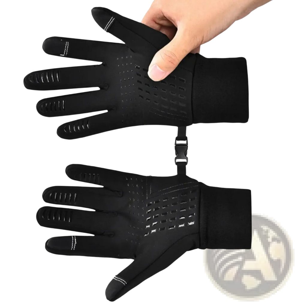 Black thermal touchscreen winter sports gloves with perforated palms and white stitching on fingertips shown from back side