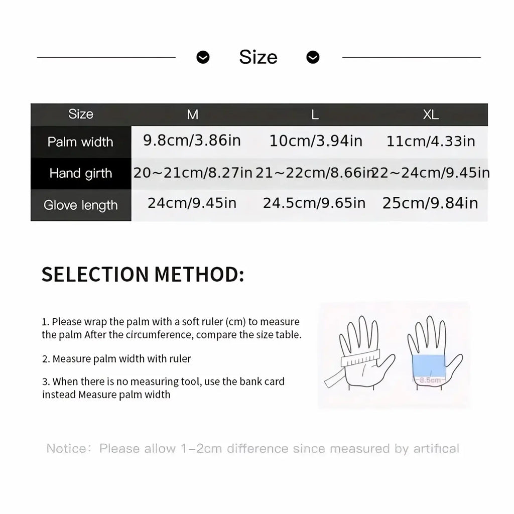Size chart for thermal touchscreen winter sports gloves showing measurements in centimeters and inches for sizes M to XL