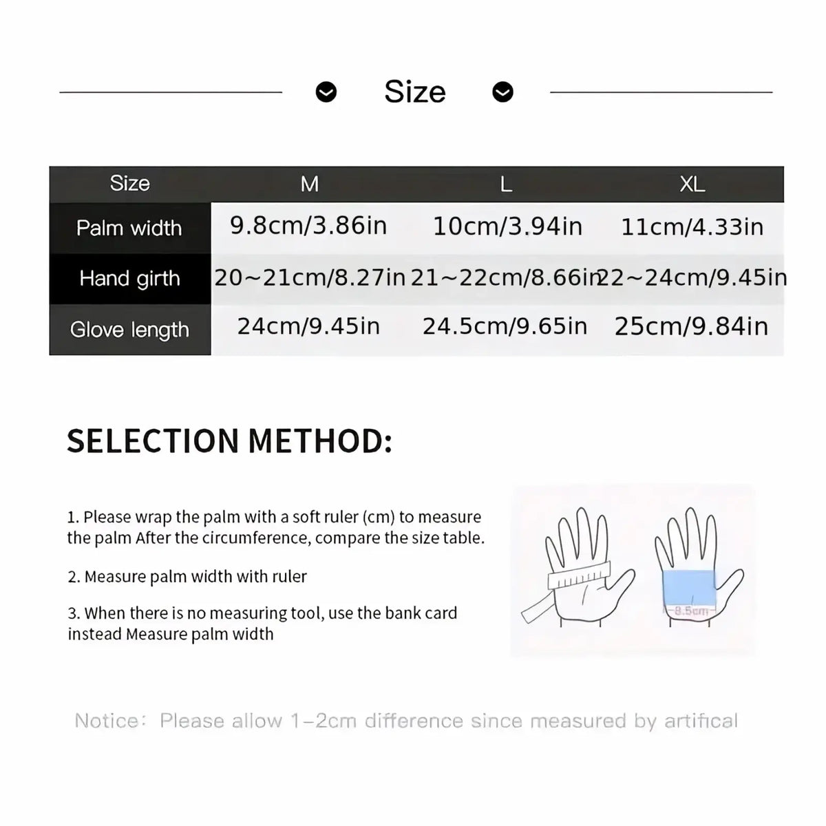 Size chart for thermal touchscreen winter sports gloves showing measurements in centimeters and inches for sizes M to XL