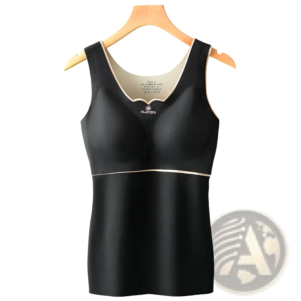 Black sleeveless thermal undershirt with beige trim and built-in bra made from dermlin fabric for warmth and comfort