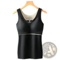 Black sleeveless thermal undershirt with beige trim and built-in bra made from dermlin fabric for warmth and comfort