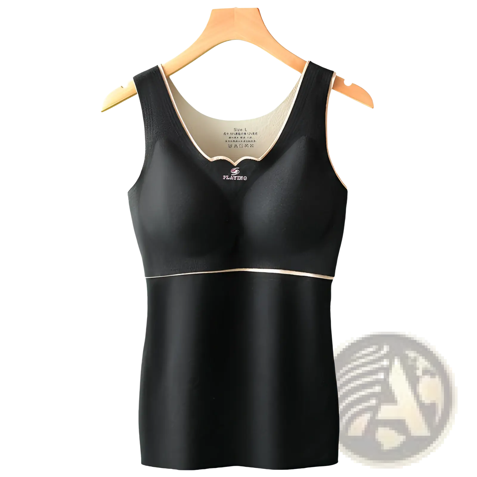 Black sleeveless thermal undershirt with beige trim and built-in bra made from dermlin fabric for warmth and comfort
