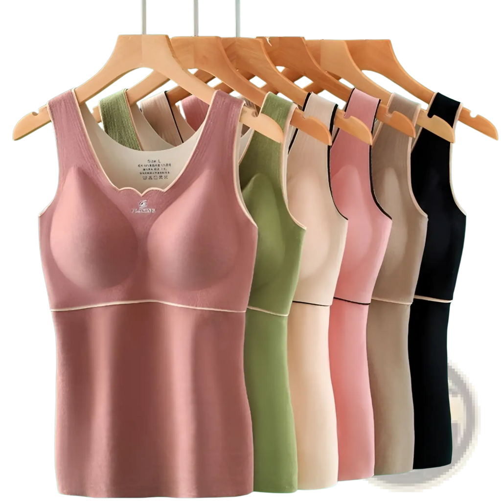 A row of pastel and neutral seamless thermal undershirts with built-in bra made from Dermlin fabric on wooden hangers