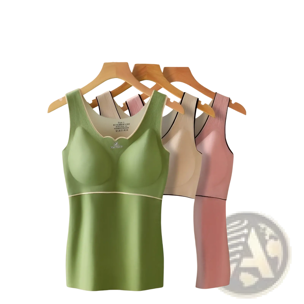 A soft green thermal velvet tank top with scoop neckline and seamless design in dermlin fabric with built-in bra