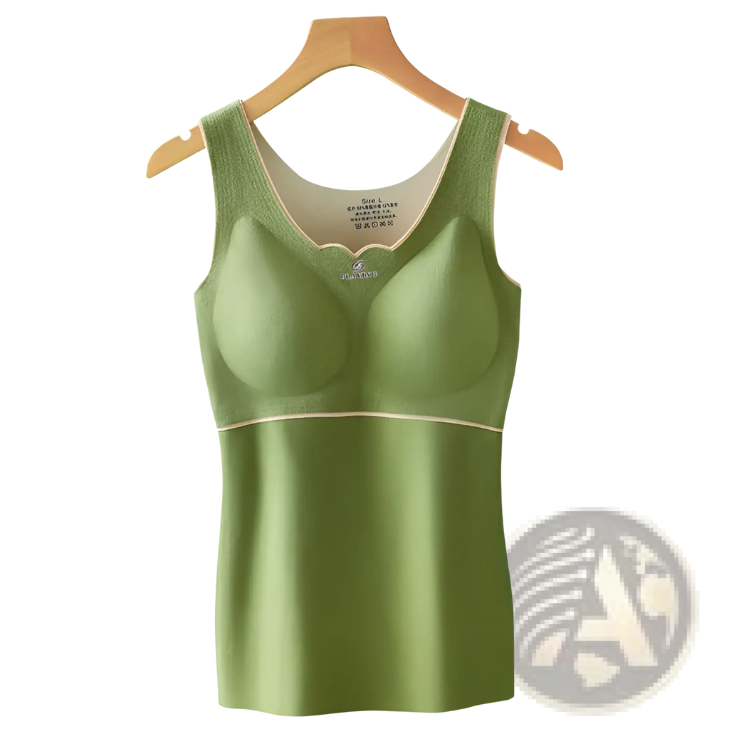 A soft olive green thermal undershirt with dermlin fabric built-in bra and beige trim on neckline and waistband