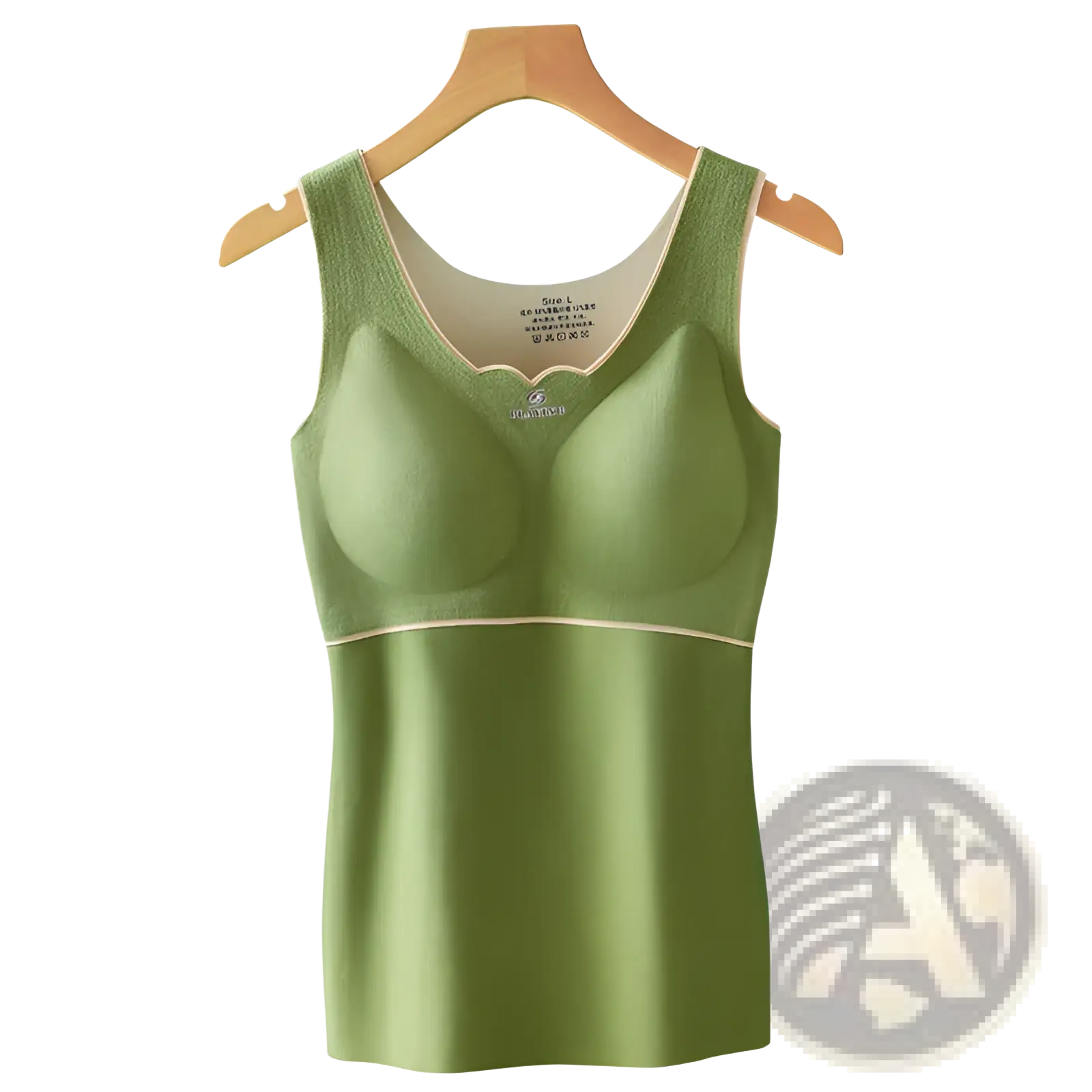 A soft olive green thermal undershirt with dermlin fabric built-in bra and beige trim on neckline and waistband