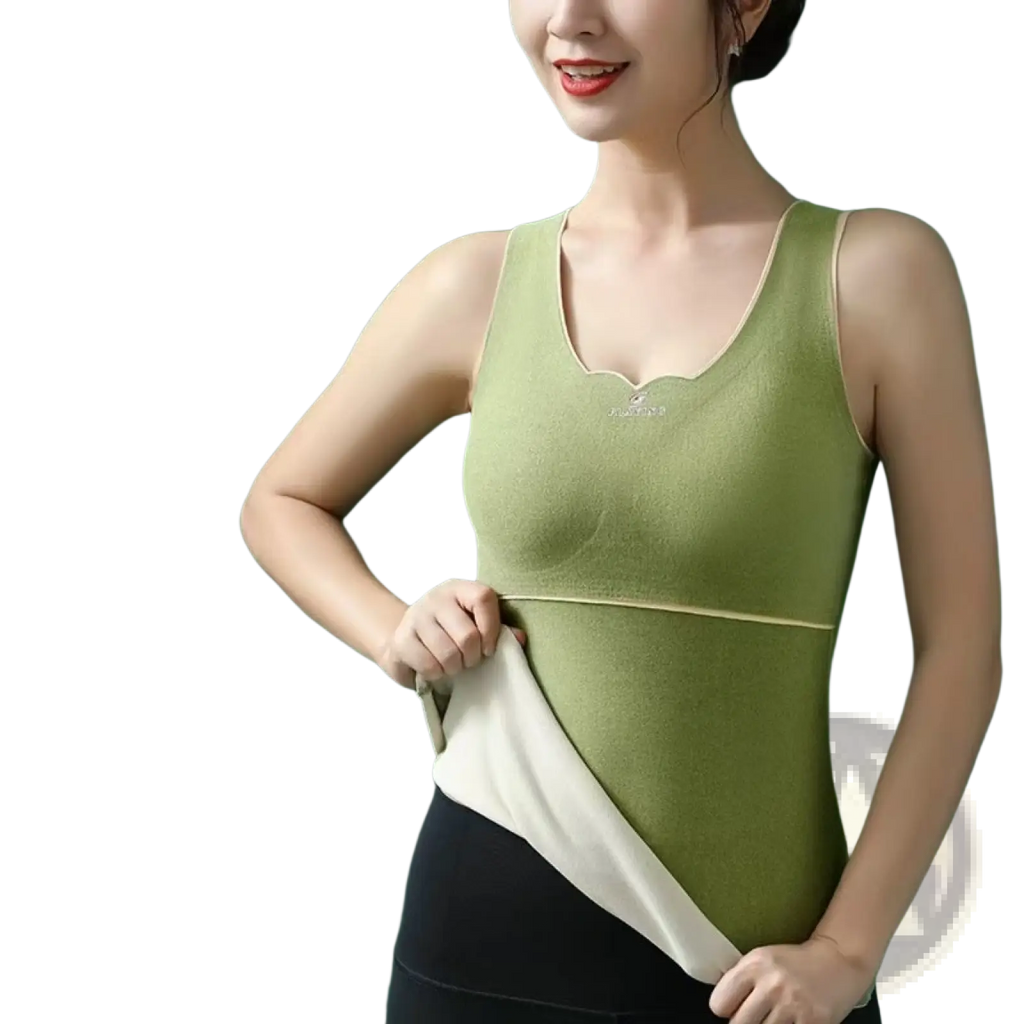 A soft olive-green thermal undershirt tank top with built-in bra made from Dermlin fabric featuring scalloped neckline