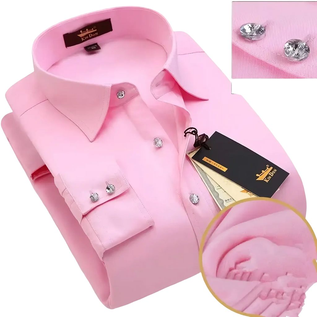A pink kidon thermal velvet dress shirt for men with crystal buttons and a crisp collar
