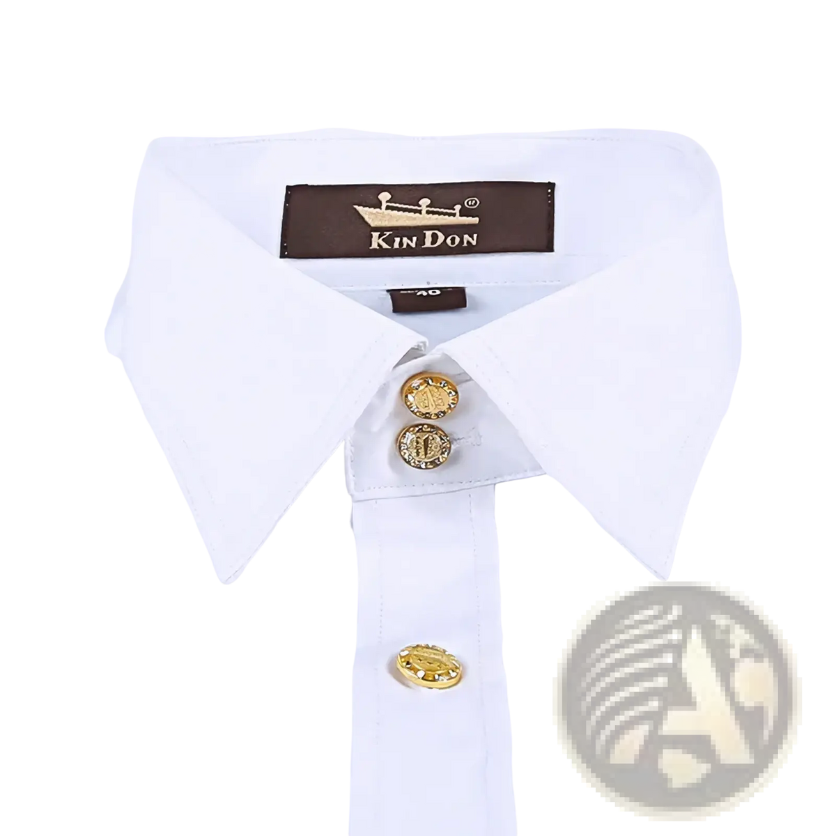White thermal velvet dress shirt for men with gold ornate buttons and brown brand label featuring a ship logo