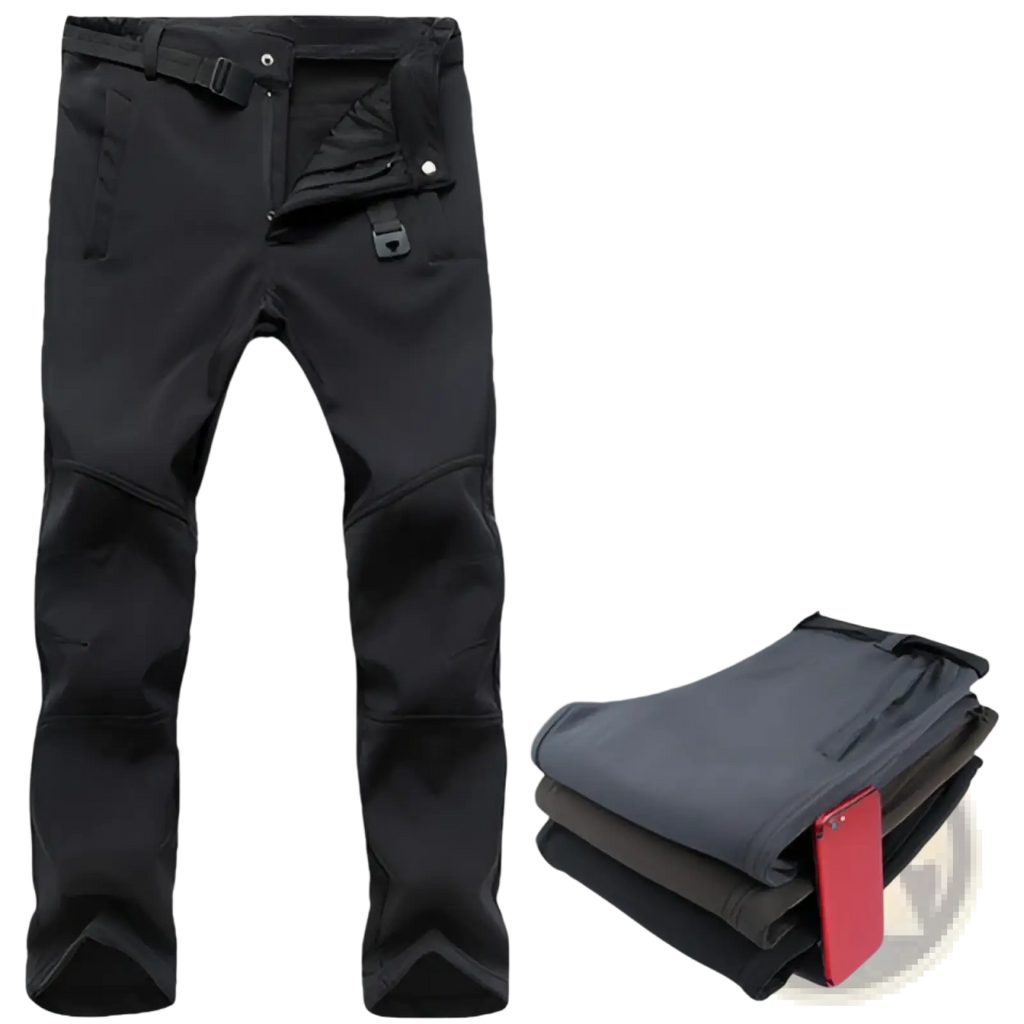 Black thermal waterproof hiking pants with reinforced knee panels made of durable water resistant fabric