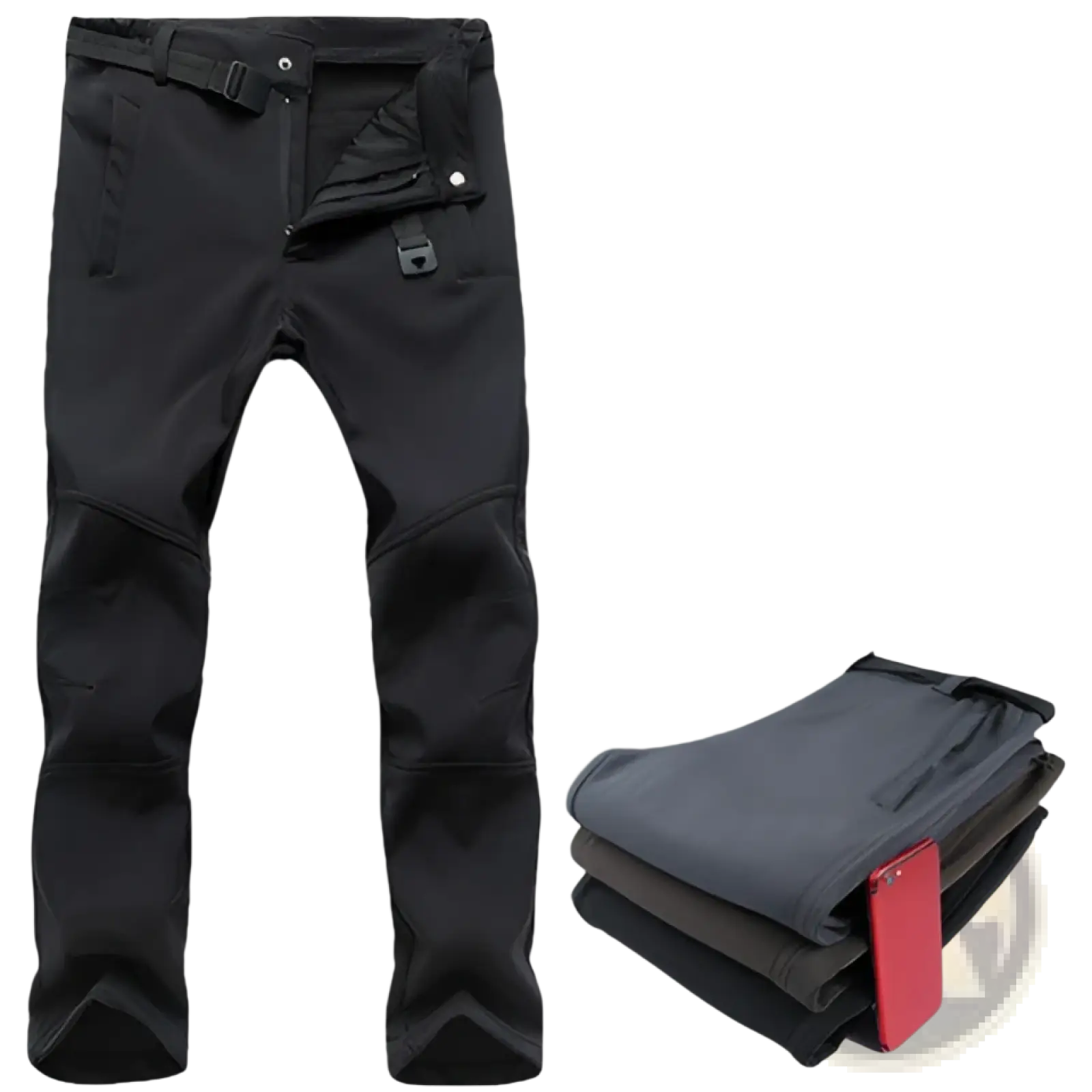 Black thermal waterproof hiking pants with reinforced knee panels made of durable water resistant fabric