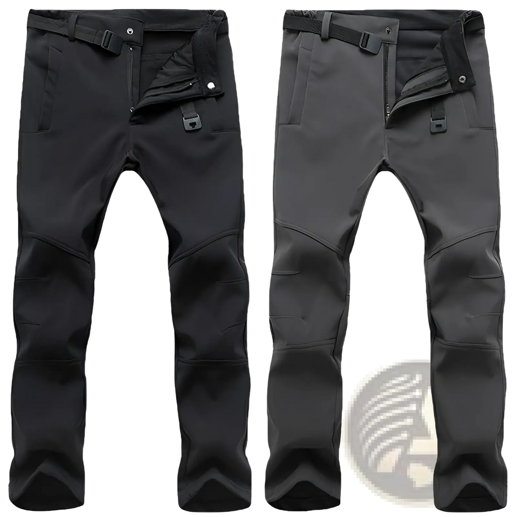 Thermal waterproof hiking pants in black and dark gray with reinforced knee panels and multiple functional pockets