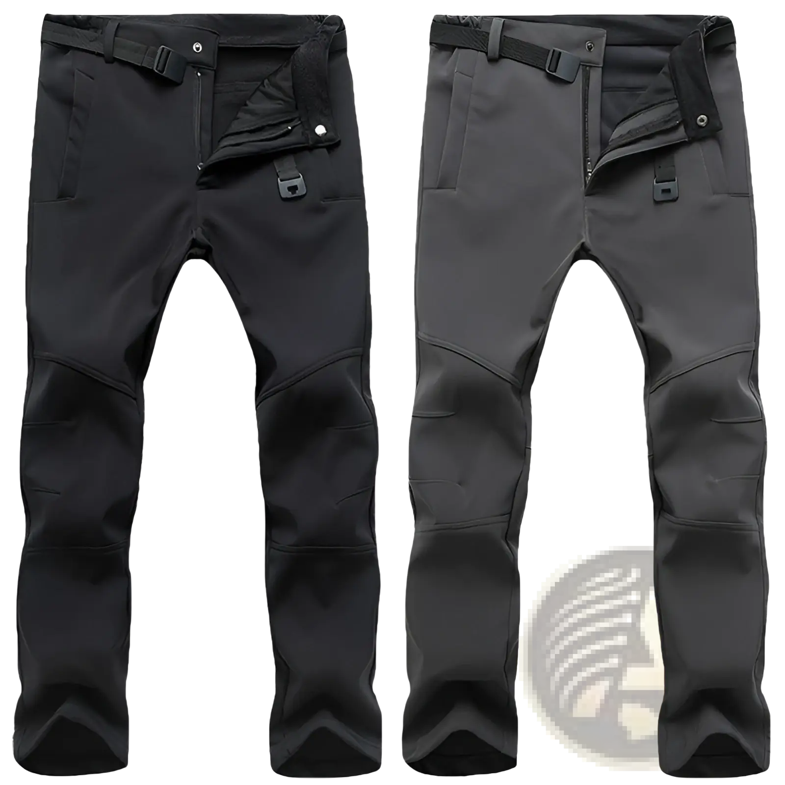Thermal waterproof hiking pants in black and dark gray with reinforced knee panels and multiple functional pockets