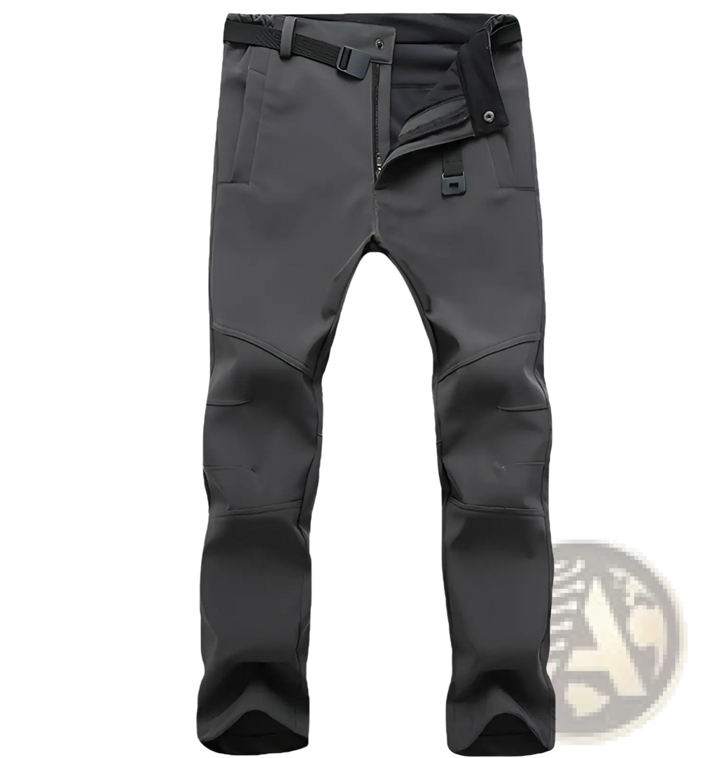 Black thermal waterproof hiking pants with reinforced knee panels and belt looped at the waist