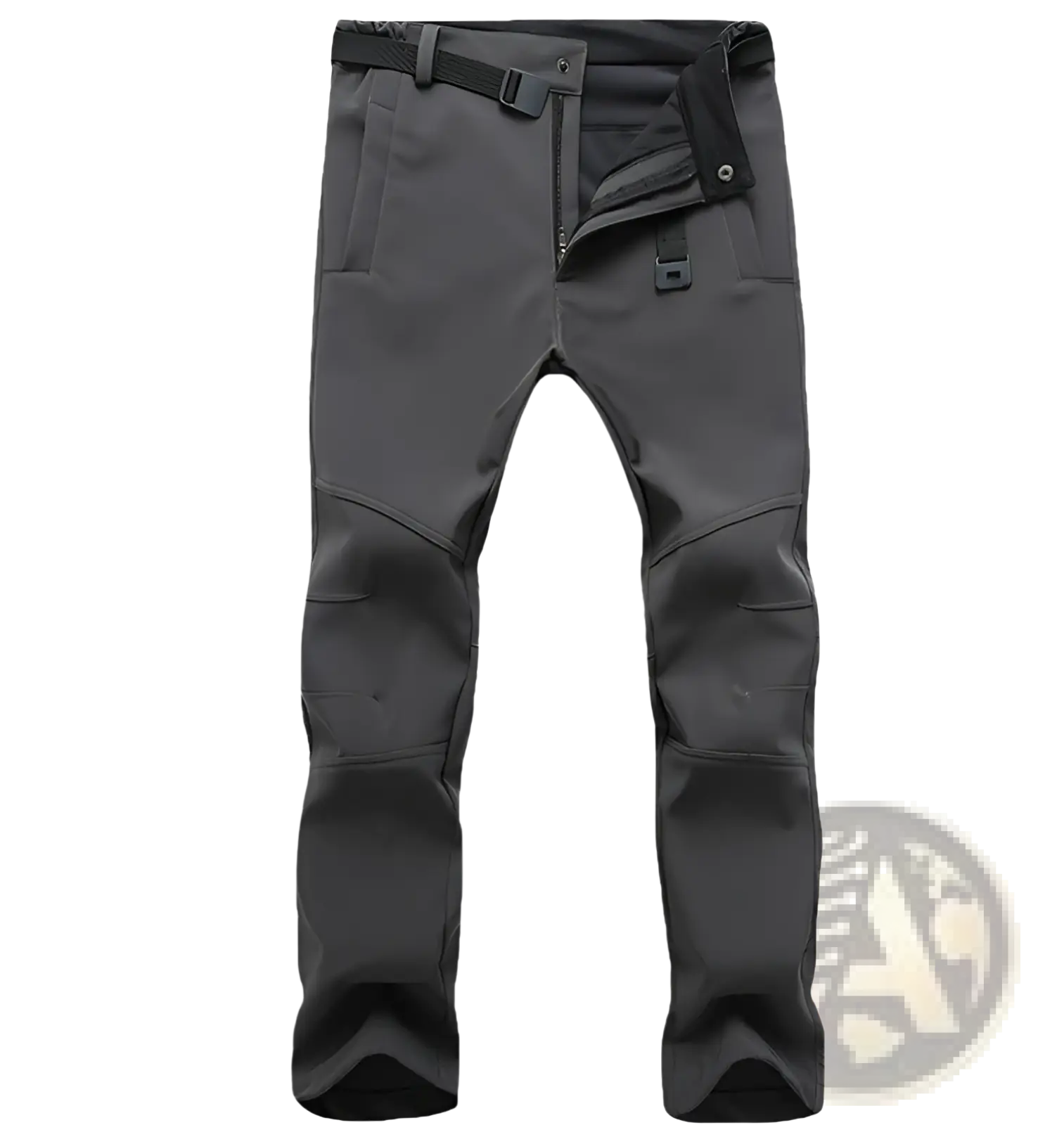 Black thermal waterproof hiking pants with reinforced knee panels and belt looped at the waist