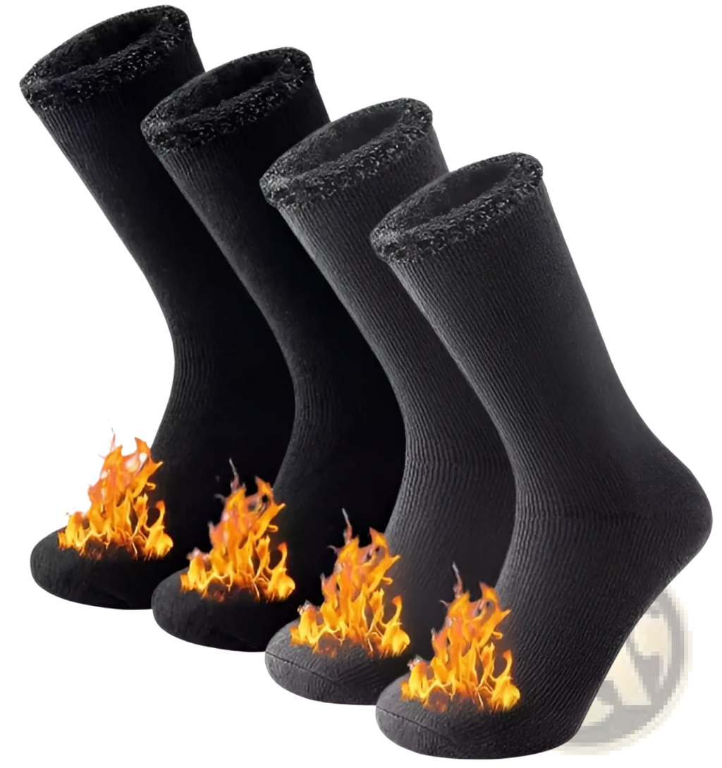 Black thermal winter socks with flame graphics at toes designed for unisex cold protection and warmth