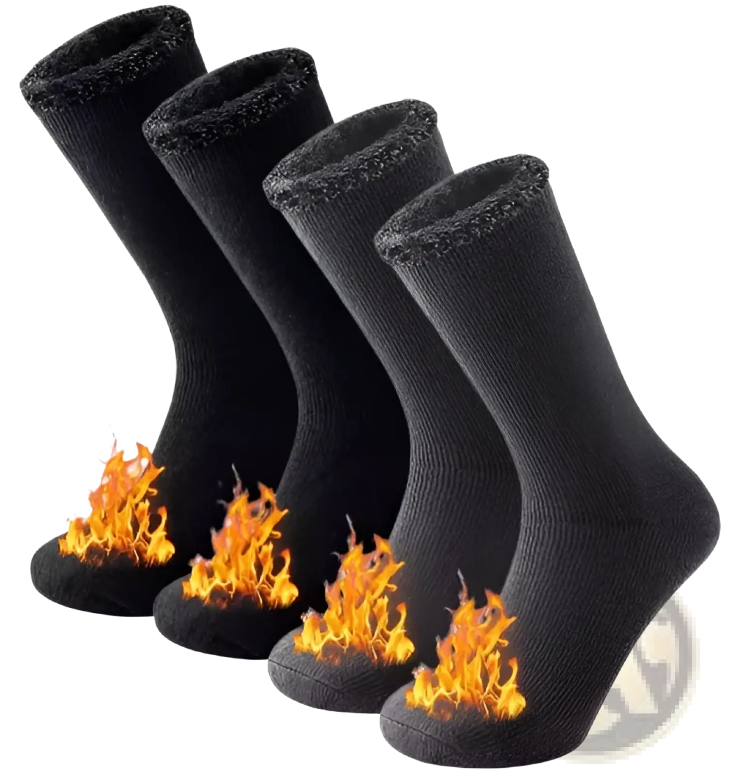 Black thermal winter socks with flame graphics at toes designed for unisex cold protection and warmth