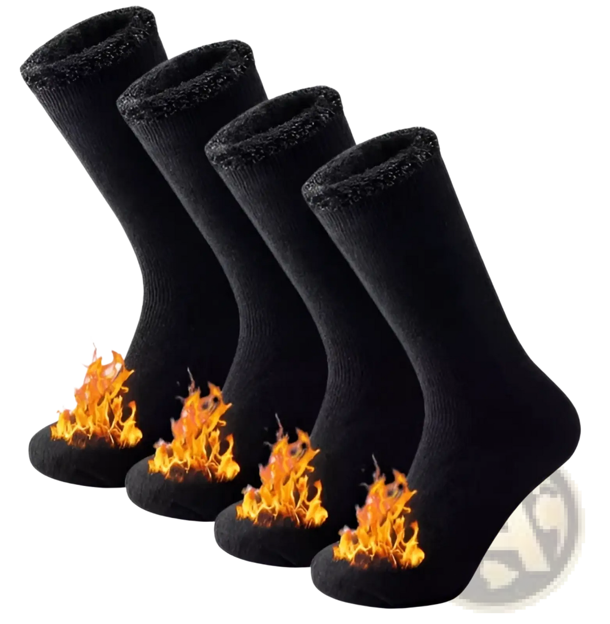 Black thermal winter socks with flame graphics at the toes providing cold protection for unisex use