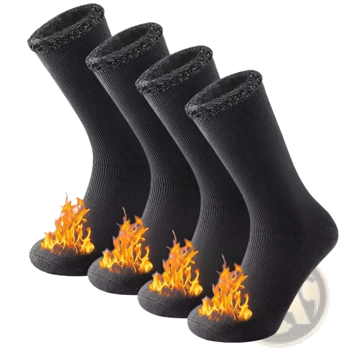 Black thermal winter socks with fuzzy insulated cuff and flame graphics at the toe for unisex cold protection