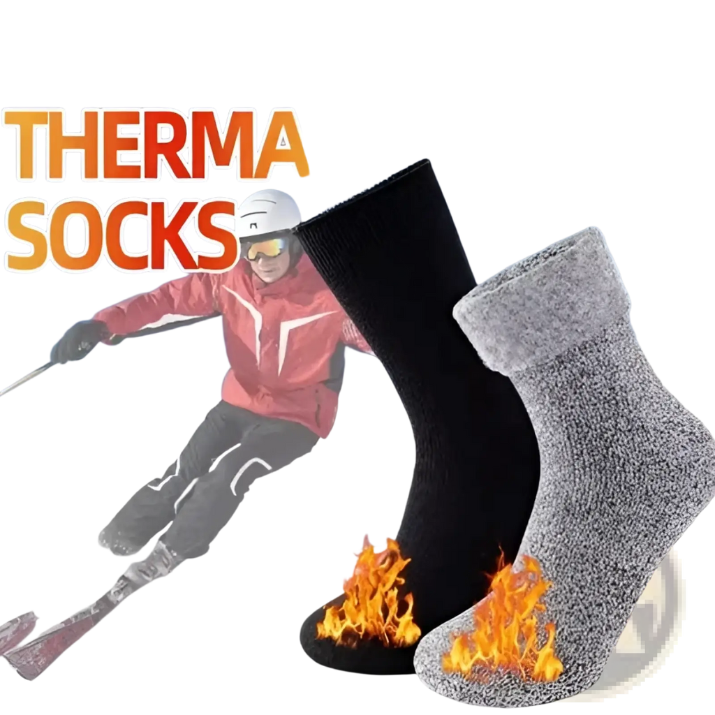 Thermal winter socks 2 pairs unisex cold protection featuring black and gray thermal fabric with flame graphics at toes