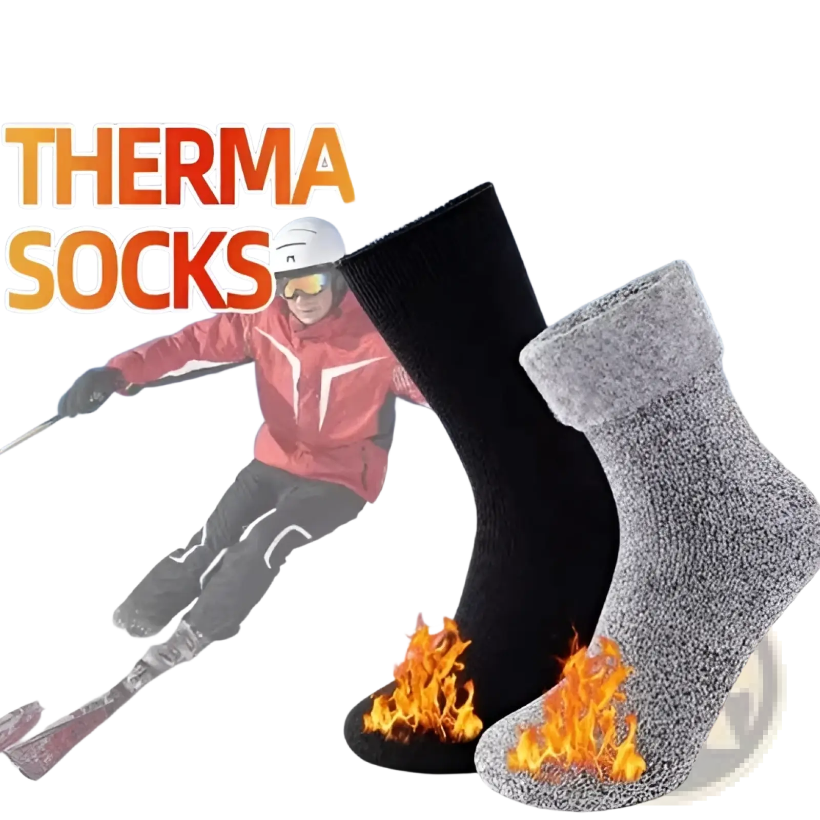 Thermal winter socks 2 pairs unisex cold protection featuring black and gray thermal fabric with flame graphics at toes