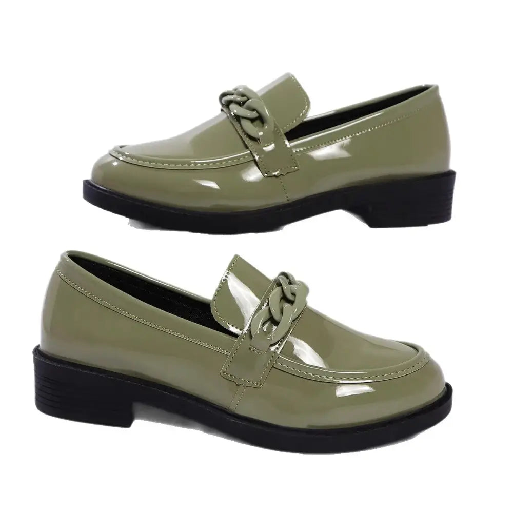 Olive green patent leather loafers with a chunky chain-link strap across the toe for stylish wear