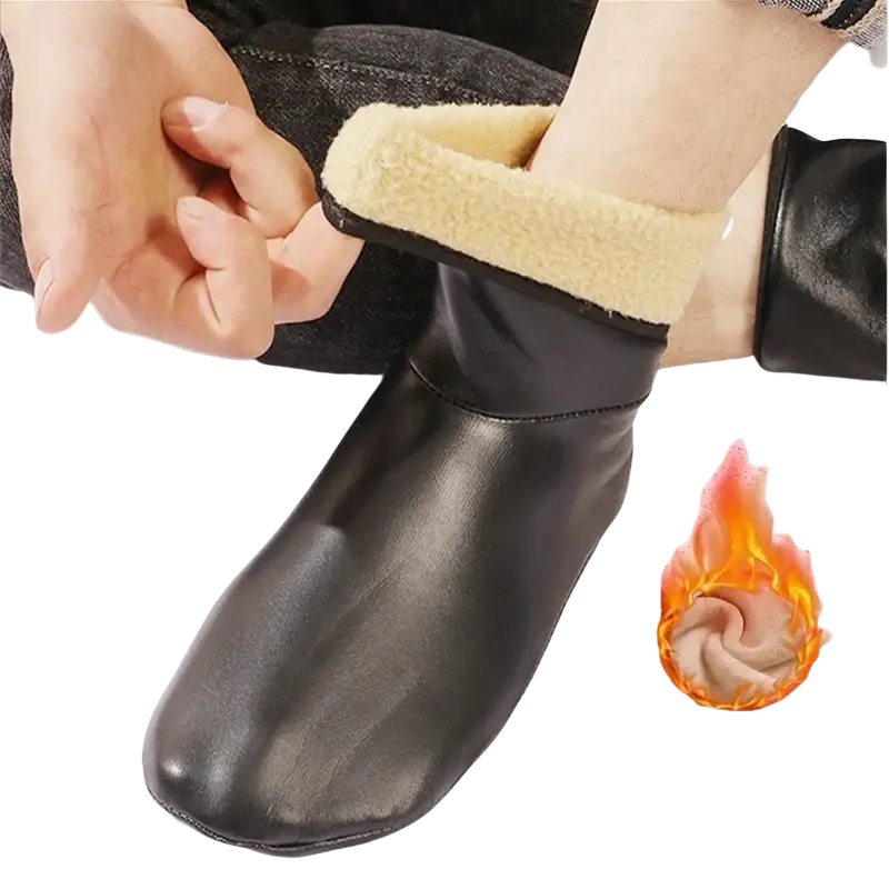 Black leather ankle boot with plush beige fleece lining and thick fleece middle tube winter socks visible inside
