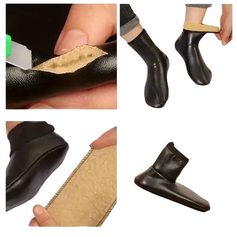 Black leather thick fleece middle tube winter socks with split-toe design and elastic ankle cuff