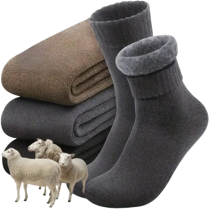 Thick men winter snow socks in dark gray and brown knit with plush fleece-lined cuff in random color