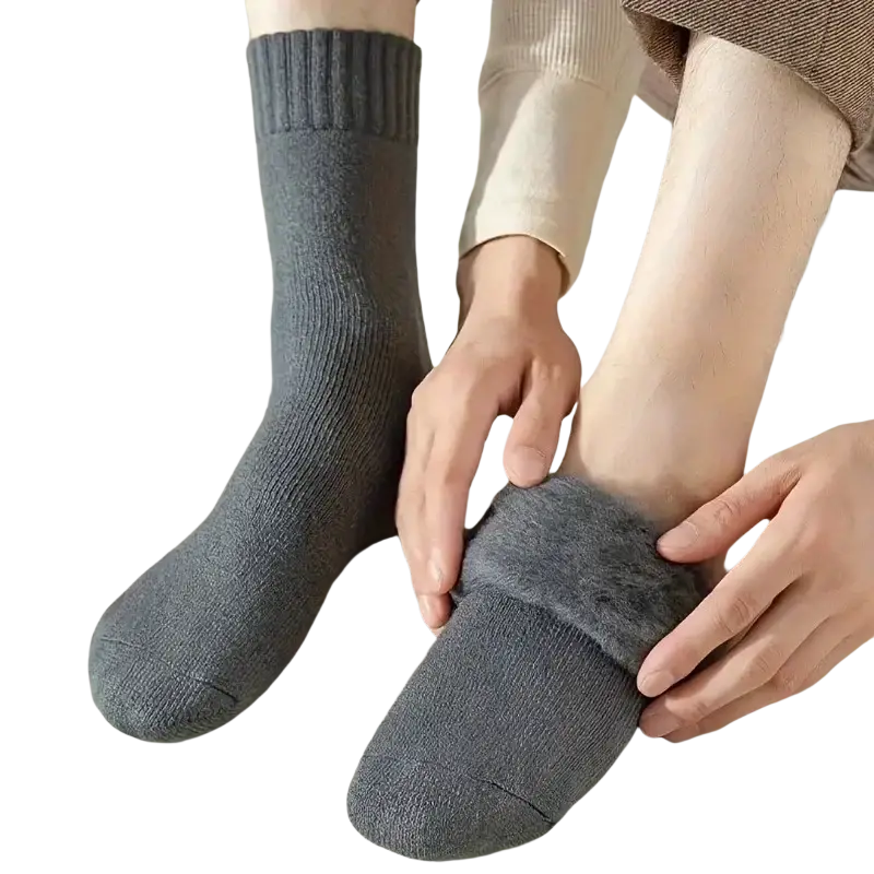 Gray knit thick men winter snow socks with plush fleece-lined cuff in random color for cold weather use