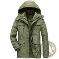 Olive green thick padded winter parka jacket with hood, insulated material, front zipper, and multiple pockets