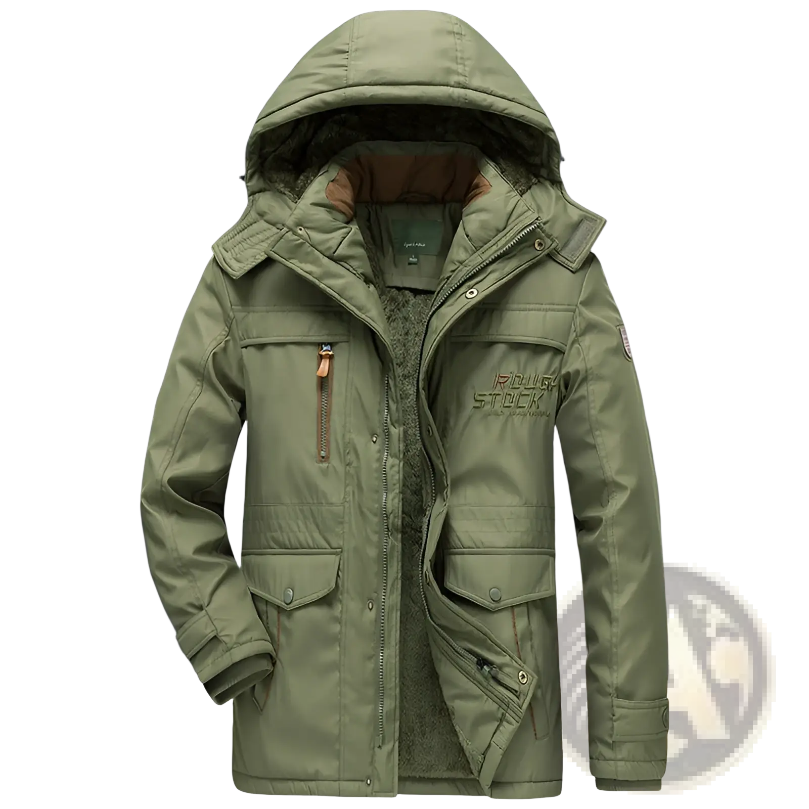Olive green thick padded winter parka jacket with hood, insulated material, front zipper, and multiple pockets