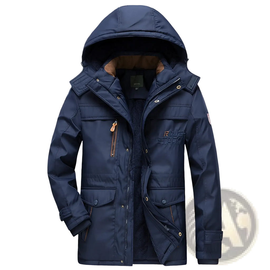 Thick padded winter parka jacket in dark navy blue with quilted design and brown faux fur lined hood and collar