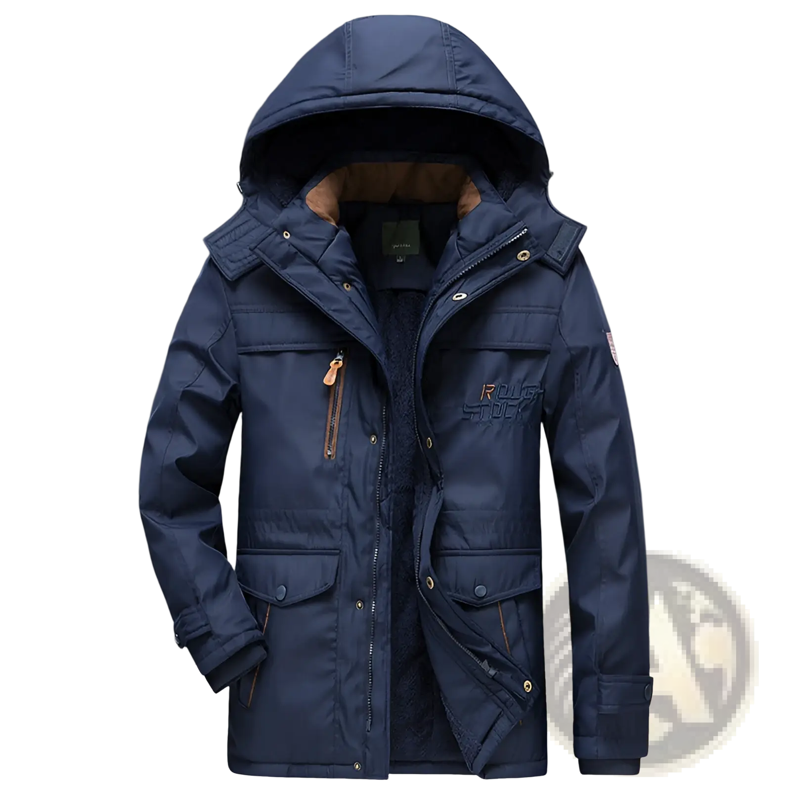 Thick padded winter parka jacket in dark navy blue with quilted design and brown faux fur lined hood and collar