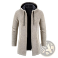Beige thickened plush hooded men cardigan coat with textured knit pattern and black drawstrings