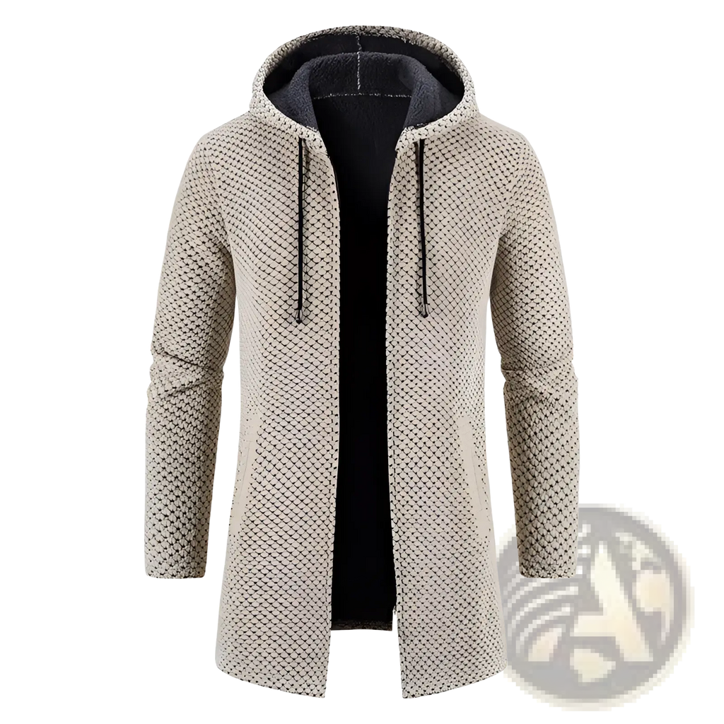 Beige thickened plush hooded men cardigan coat with textured knit pattern and black drawstrings