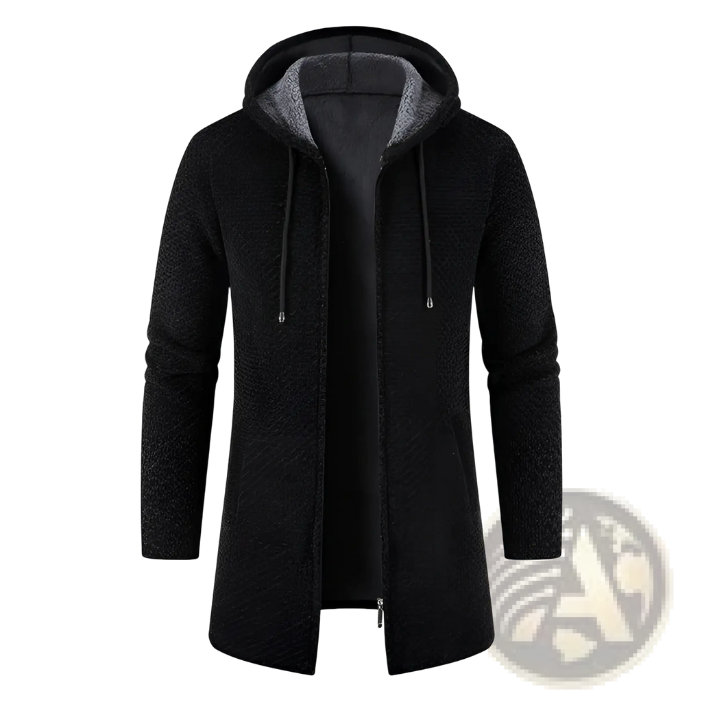 Black textured thickened plush hooded men cardigan coat with contrasting gray fleece lining and drawstrings