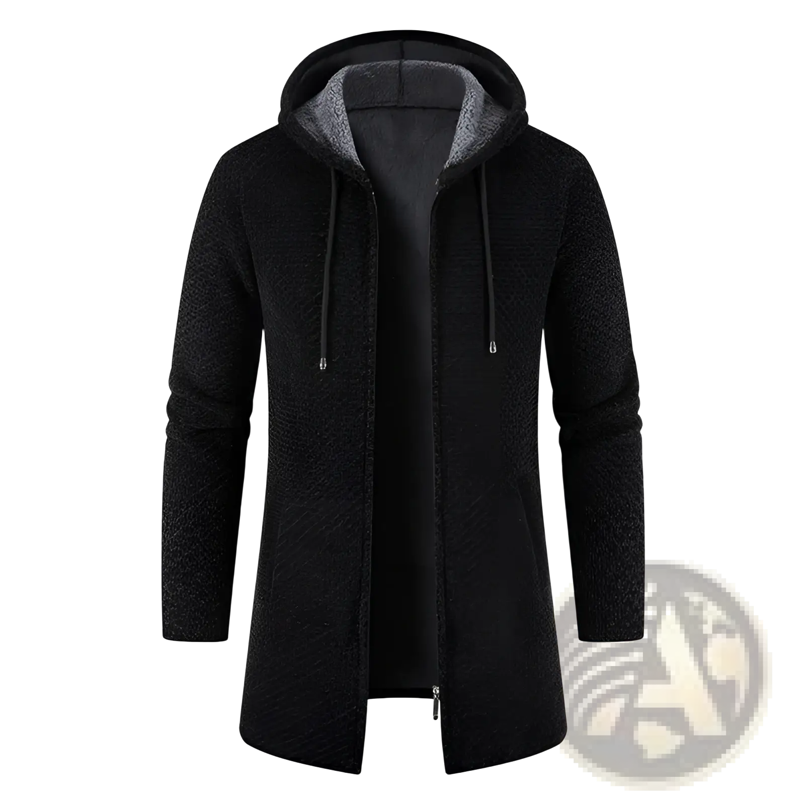 Black textured thickened plush hooded men cardigan coat with contrasting gray fleece lining and drawstrings