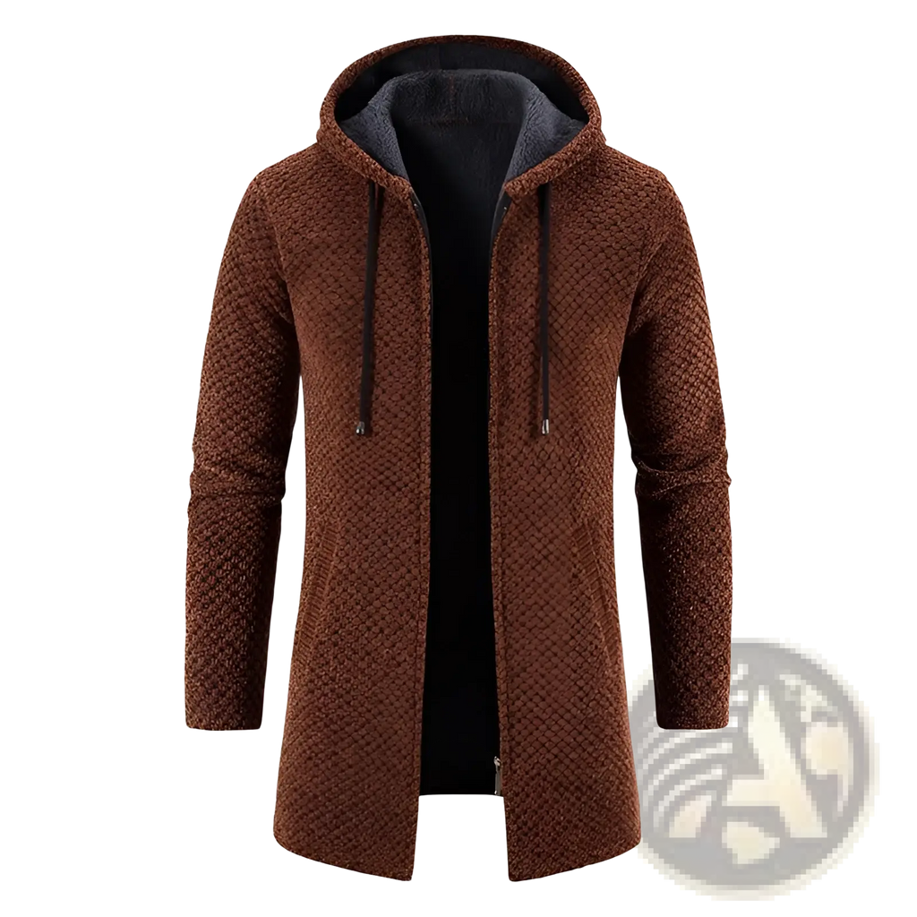 Thickened plush hooded men cardigan coat in brown textured knit with dark gray fleece lining and black drawstrings