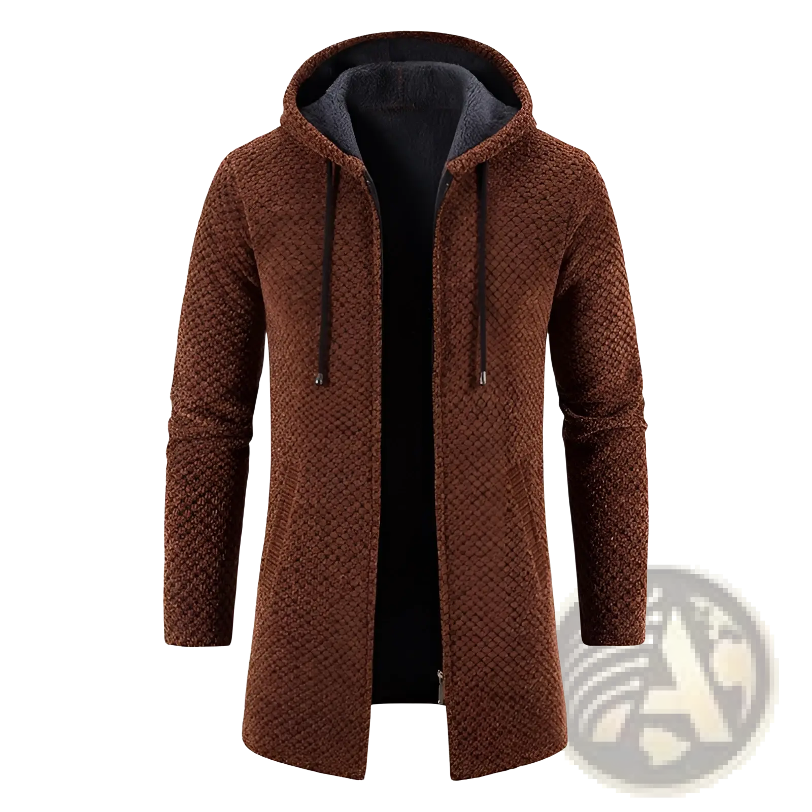 Thickened plush hooded men cardigan coat in brown textured knit with dark gray fleece lining and black drawstrings